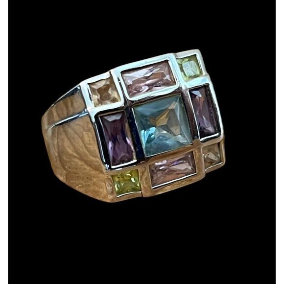 FAS Jewelry - Sterling Silver Pastel Square Cut Stone Ring Size 7 Amethyst Pink Sapphire Multi